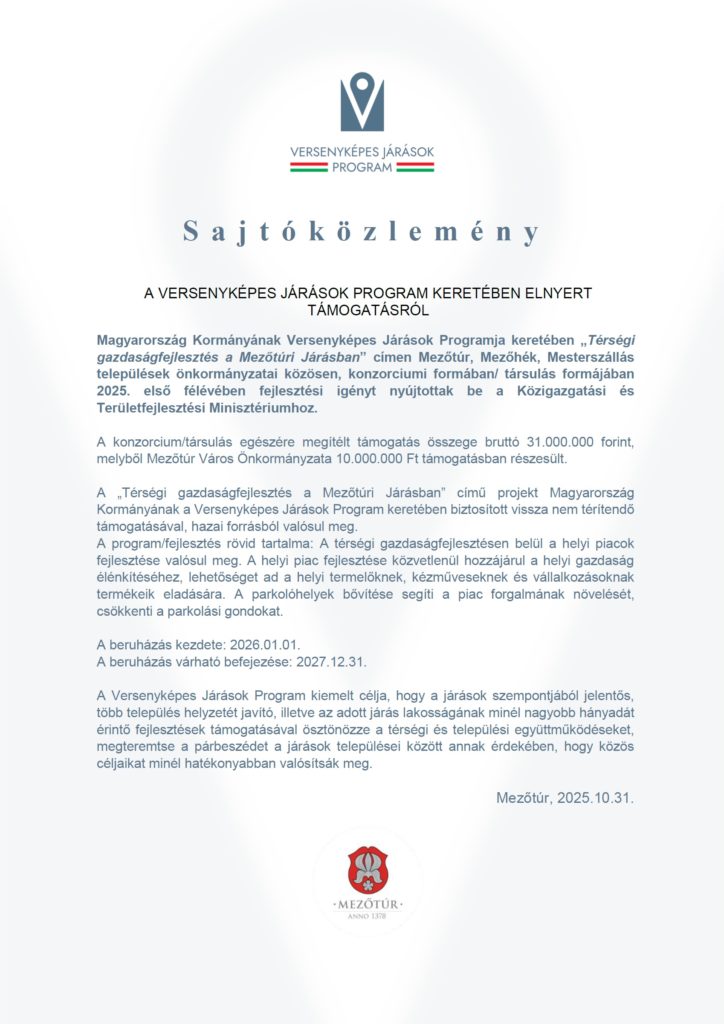 Sajtóközlemény - Térségi gazdaságfejlesztés a Mezőtúri Járásban