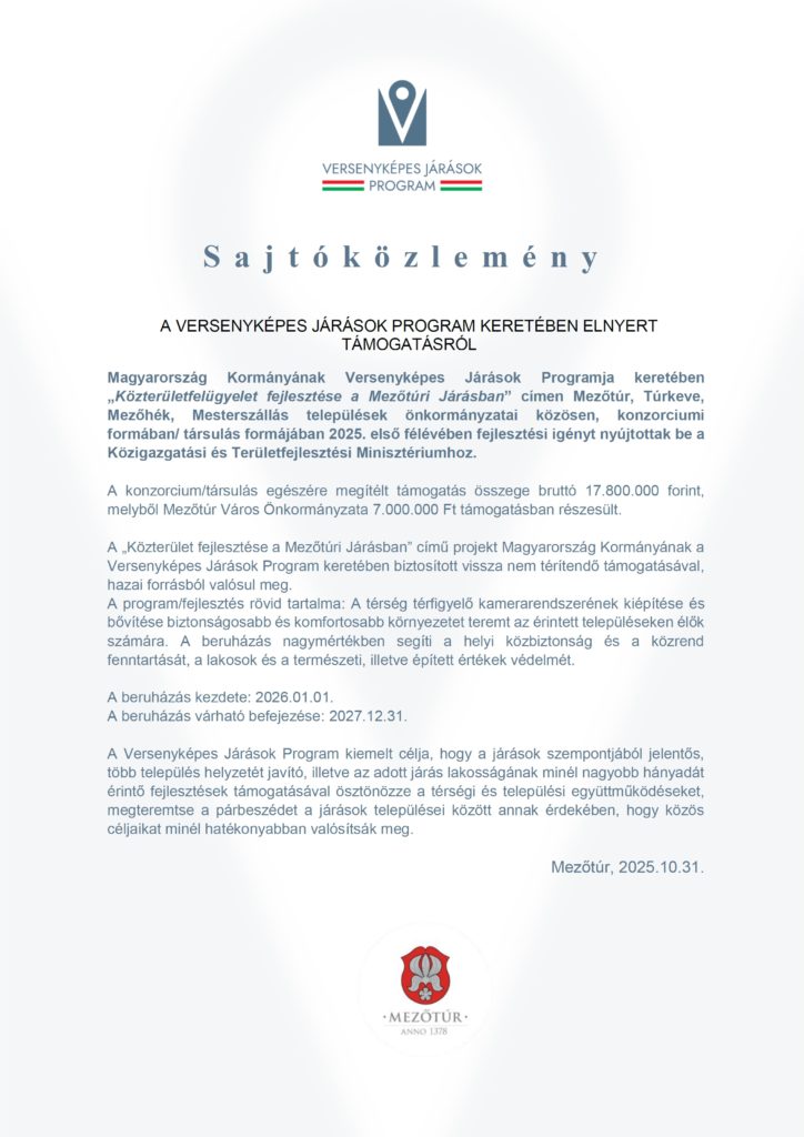 Sajtóközlemény - Közterületfelügyelet fejlesztése a Mezőtúri Járásban