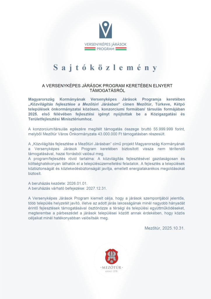 Sajtóközlemény - Közvilágítás fejlesztése a Mezőtúri Járásban