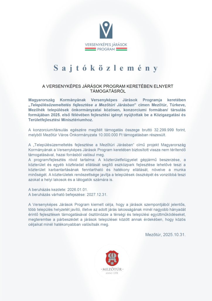 Sajtóközlemény - Településüzemeltetés fejlesztése a Mezőtúri Járásban