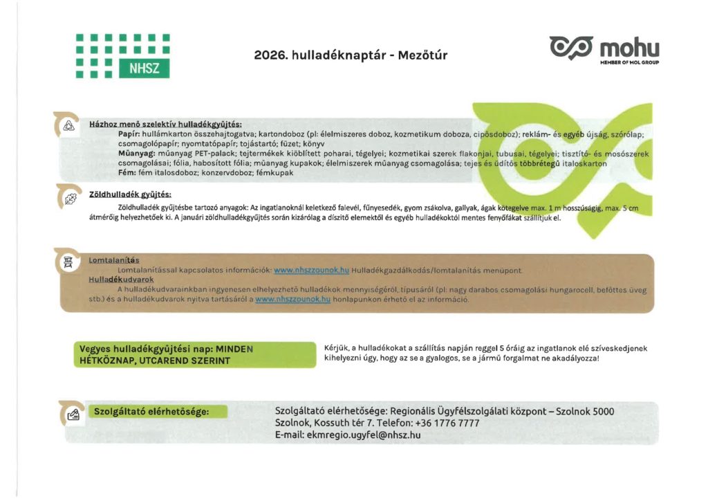 2026. Hulladéknaptár - Mezőtúr - Tájékoztató